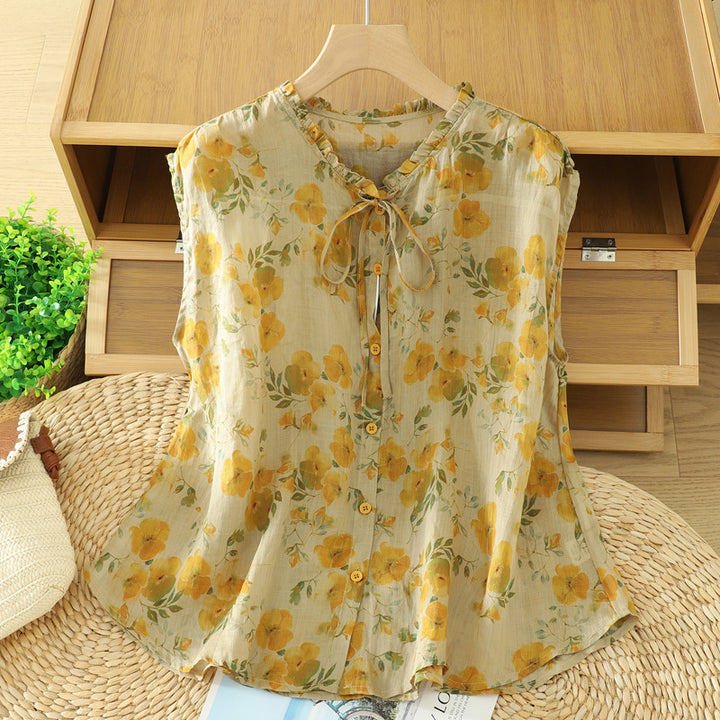 Ruffle Neck Tie Front Floral Linen Blend Sleeveless Blouse