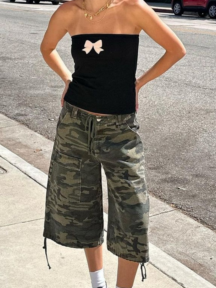 Camouflage Cargo Capri Pants | Drawstring Hem Loose Wide-Leg Shorts