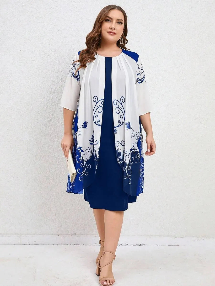 Printed round neck loose slimming casual plus size dress