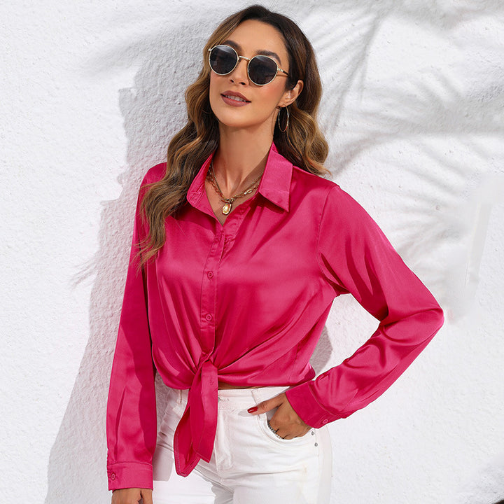 Satin Button-Down Shirt with Front Tie