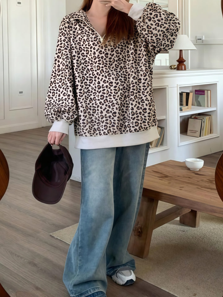 Leopard Print Corduroy Half-Zip Pullover