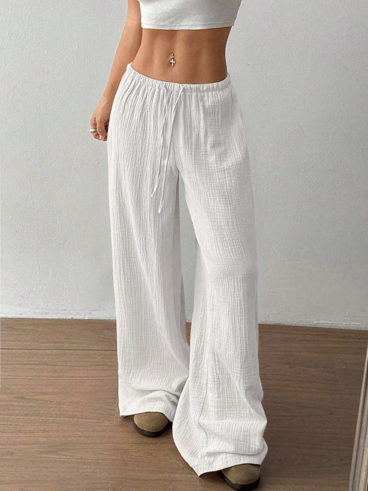 Cotton Crinkle Drawstring Waist Wide-Leg Pants
