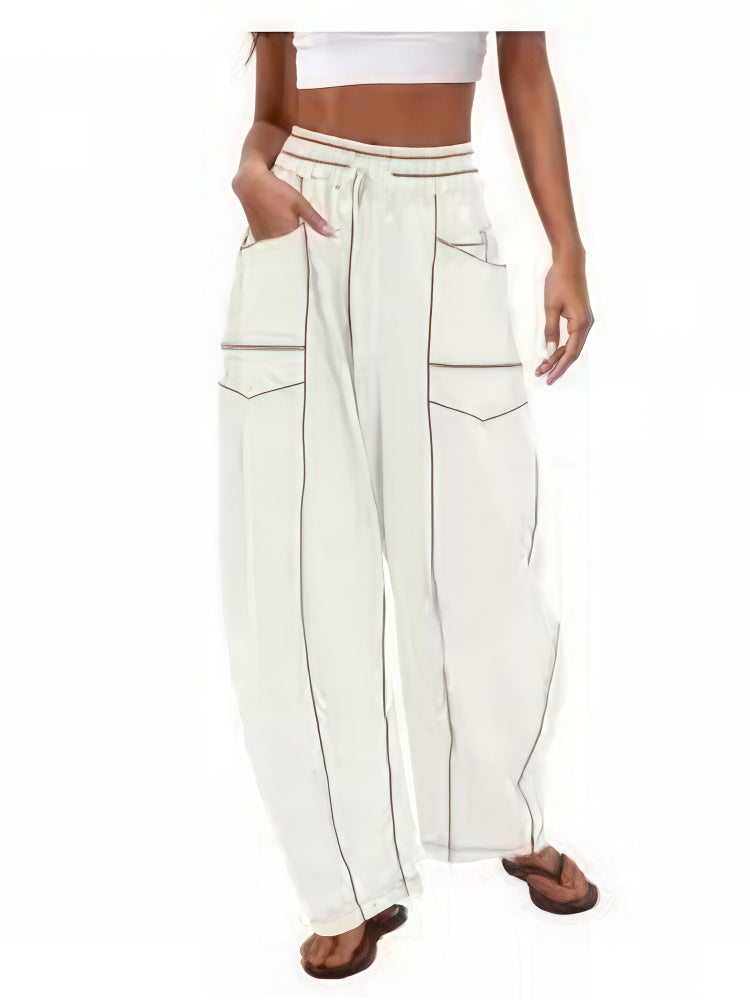 Elastic Waist Contrast Stitch Wide Leg Pants