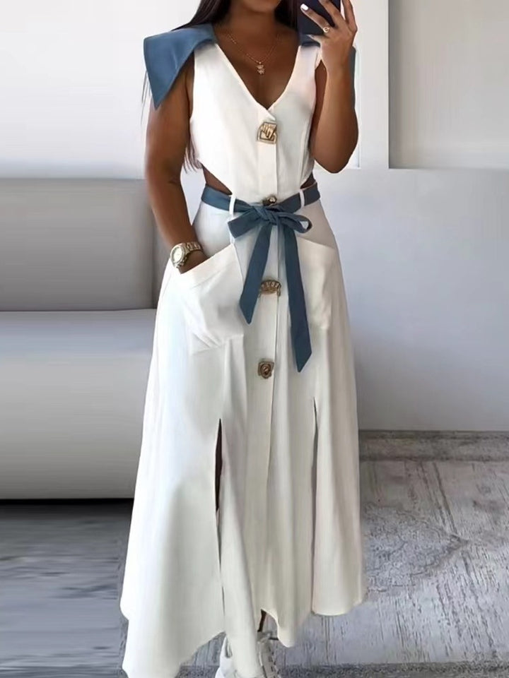 White Blue Contrast V-Neck Cutout Shirt Dress