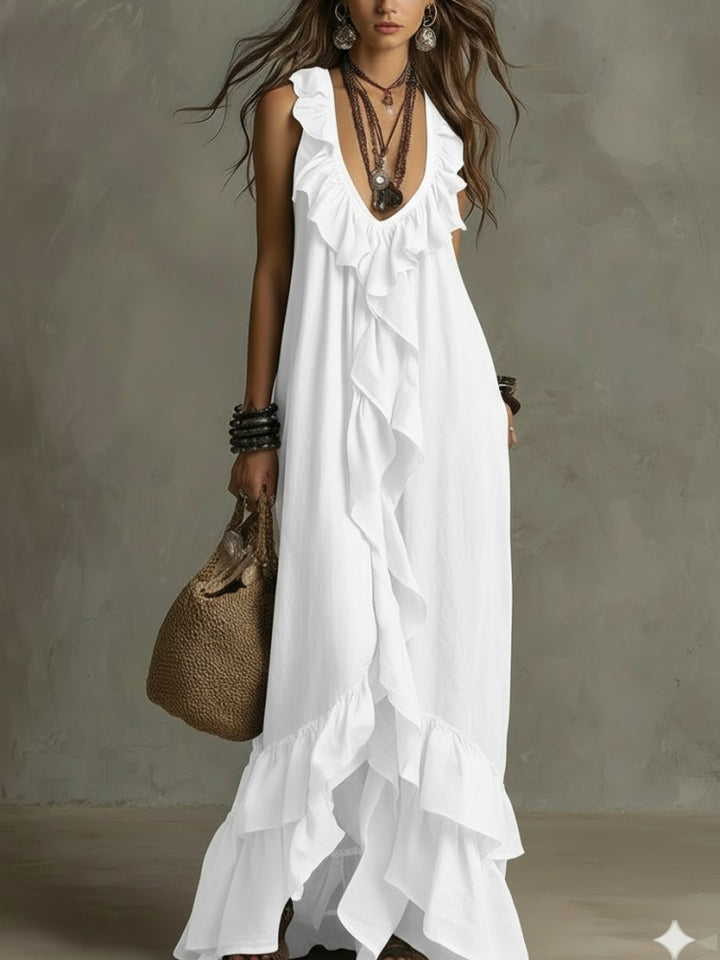 Boho Ruffled V-Neck Maxi Dress