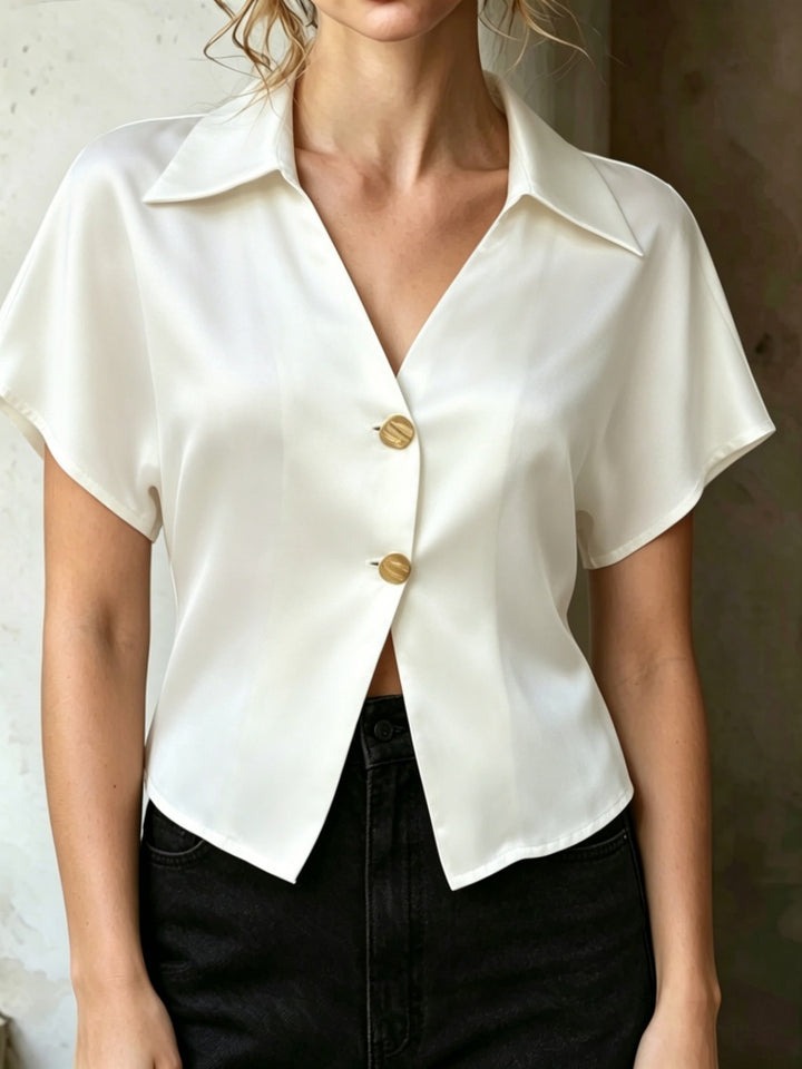 Satin V-Neck Button-Down Short Sleeve Blouse