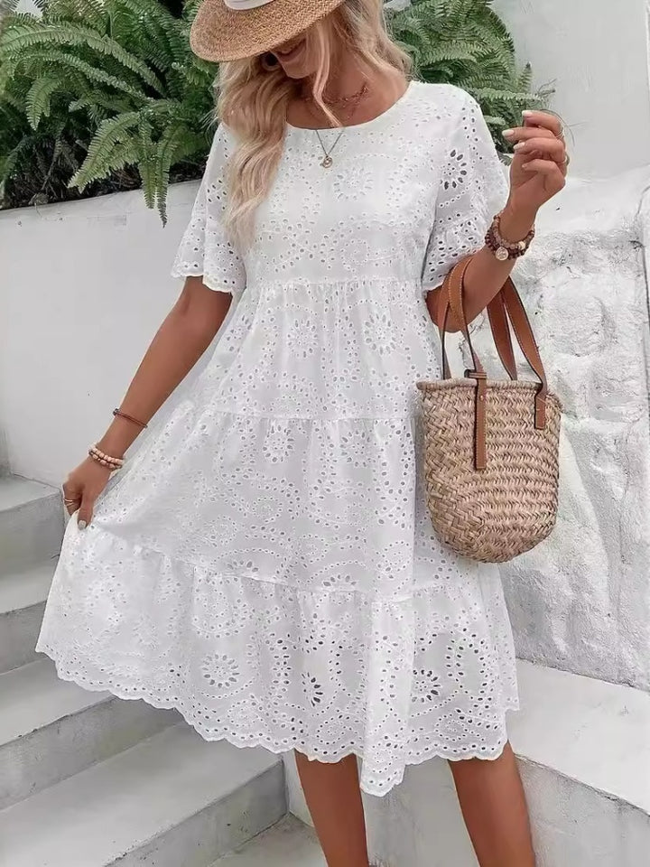 Eyelet Embroidery Flare Sleeve Tiered Midi Dress