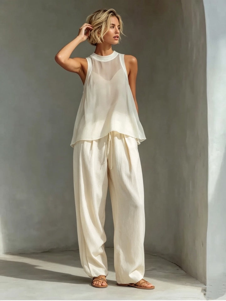 Linen Blend Sleeveless Halter Top &amp; Drawstring Wide Leg Pants Two-Piece Set
