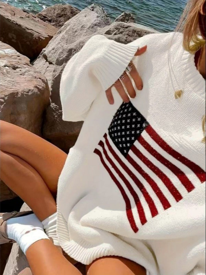 American Flag Oversized Knit Sweater - Soft Arctic Fleece Pullover