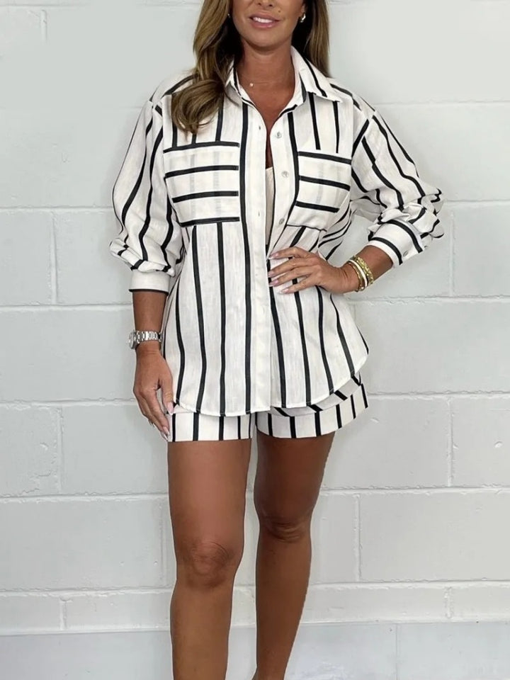 Striped Button-Down Shirt &amp; Shorts 2-Piece Set - Casual Loose Fit
