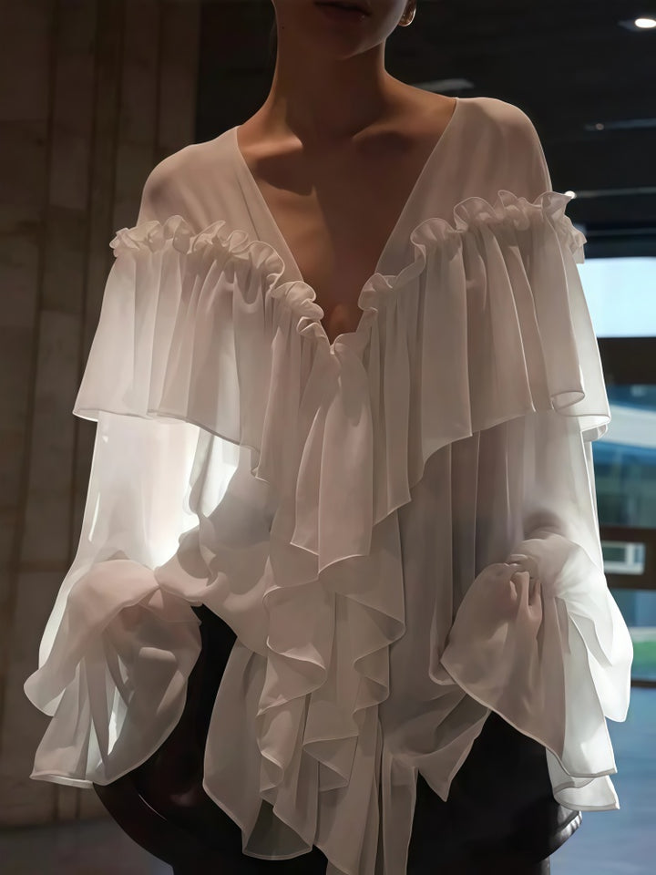 Ruffled V Neck Blouse | Oversized Flared Bell Long Sleeve Loose Chiffon Top