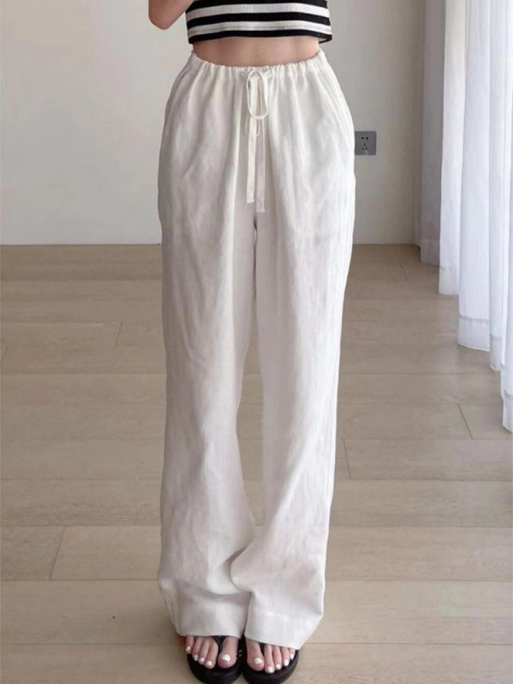 High Waisted Drawstring Wide Leg Linen Pants