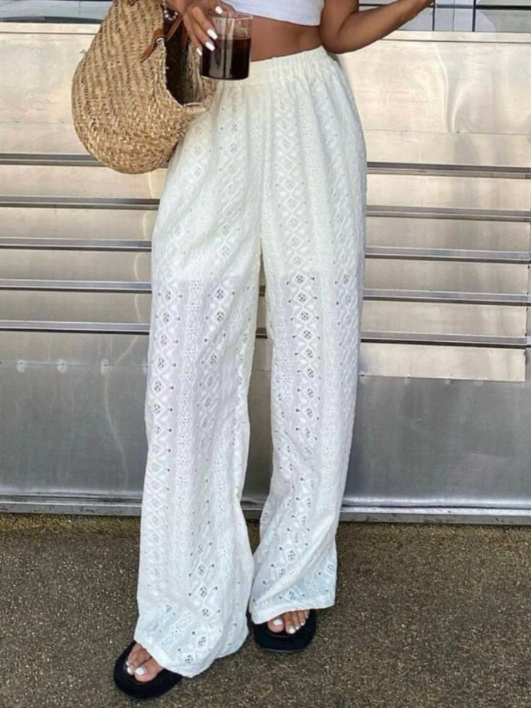 High Waisted Eyelet Lace Wide Leg Pants