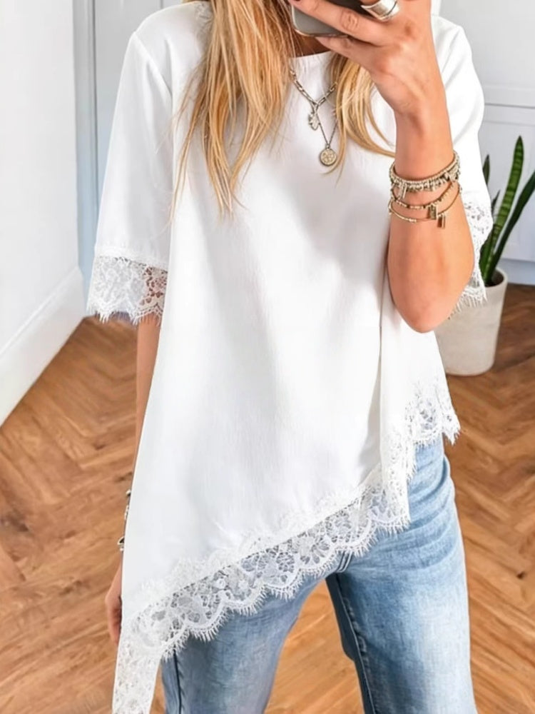 Lace Trim Asymmetrical Hem Blouse