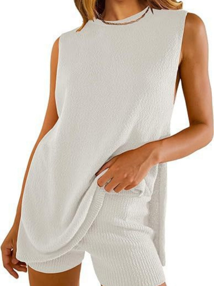 Textured Sleeveless Tank Top &amp; Ribbed Shorts Set