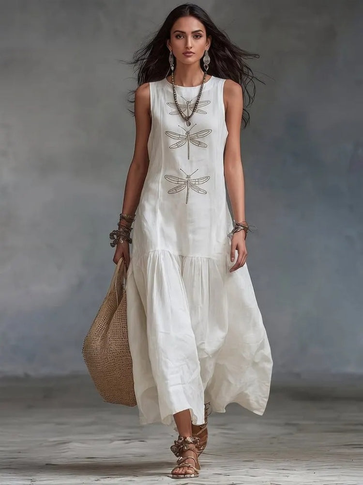 Dragonfly Print Sleeveless Maxi Dress - Casual Flowy Tiered Dress