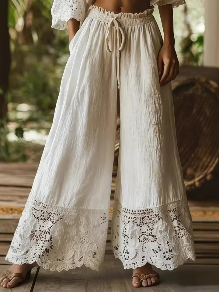 Boho Lace Trim Wide Leg Pants - High-Waisted Linen Blend Drawstring Trousers