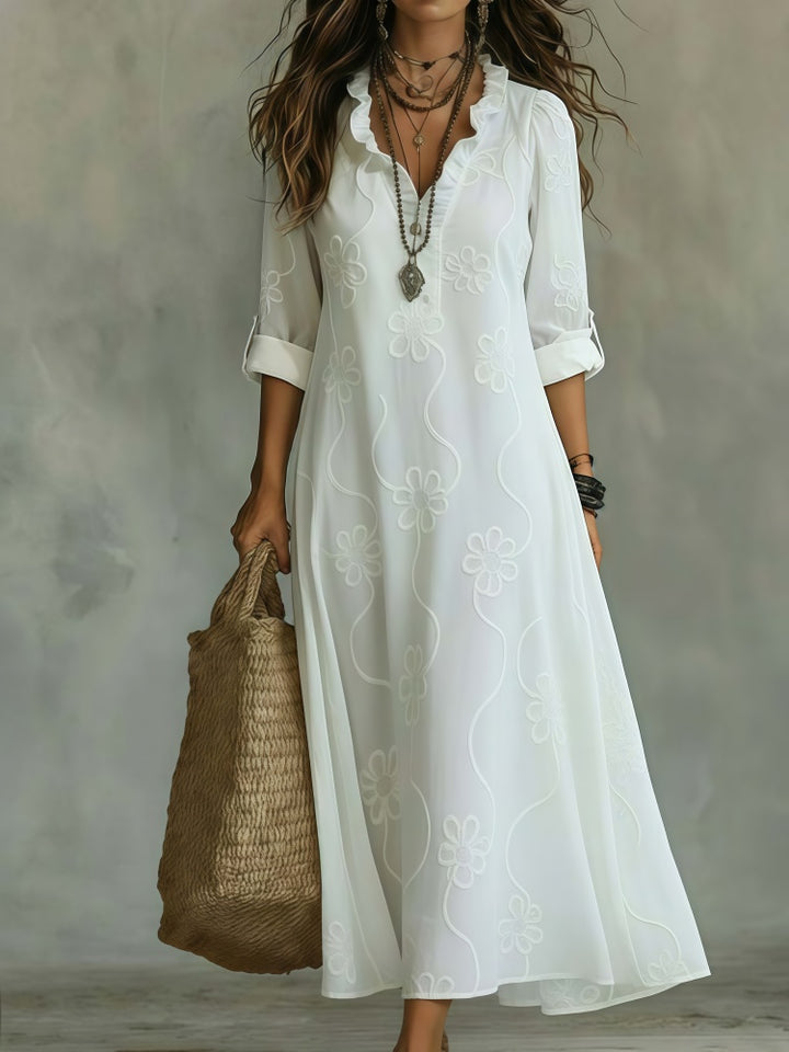 Ruffle V-Neck Floral Print Maxi Dress