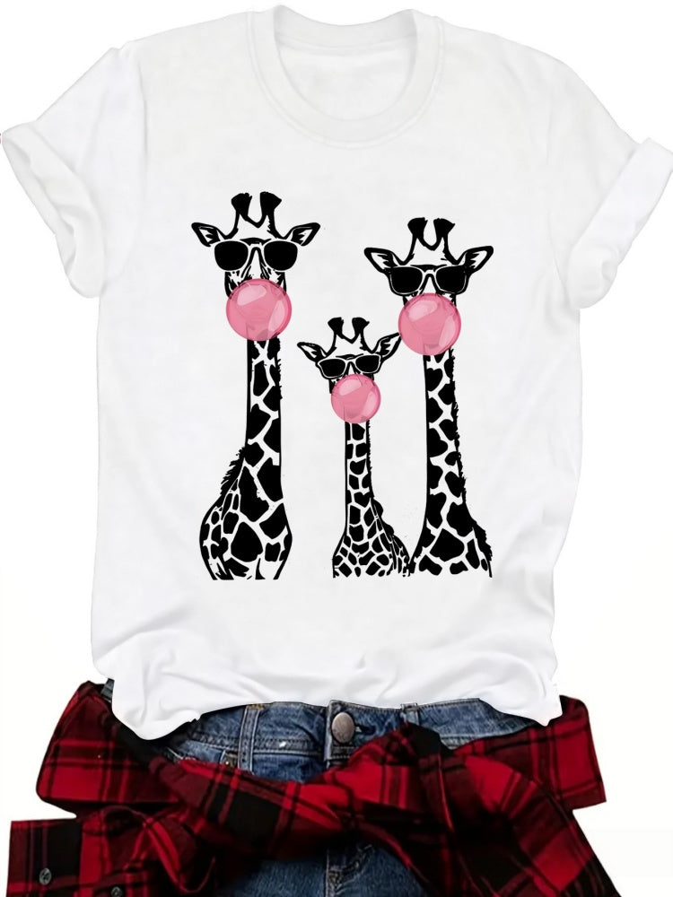 Funny Giraffe Family Bubblegum Print Crew Neck T-Shirt