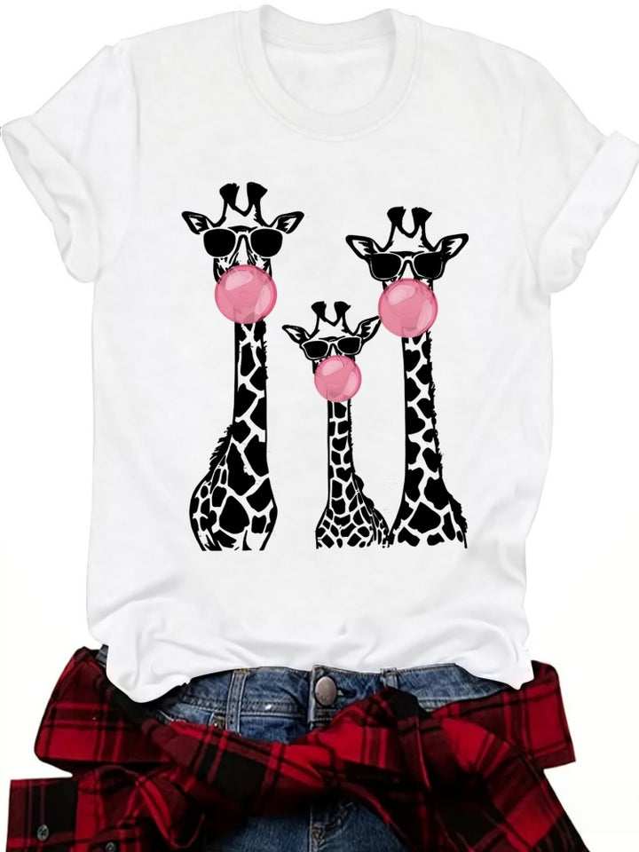 Funny Giraffe Family Bubblegum Print Crew Neck T-Shirt