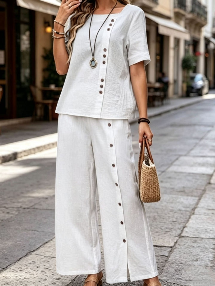 Cotton Linen Two-Piece Set - Button Detail Short Sleeve Top &amp; Wide Leg Pants