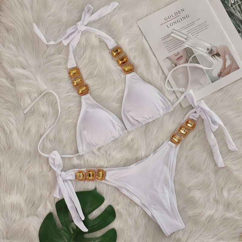 Crystal Embellished Halter Triangle Bikini Set