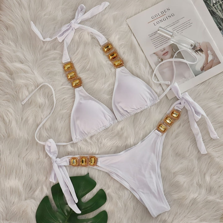 Crystal Embellished Halter Triangle Bikini Set
