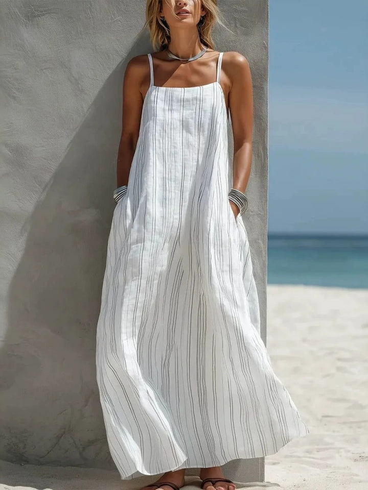 Vertical Striped Linen Blend Spaghetti Strap Maxi Dress