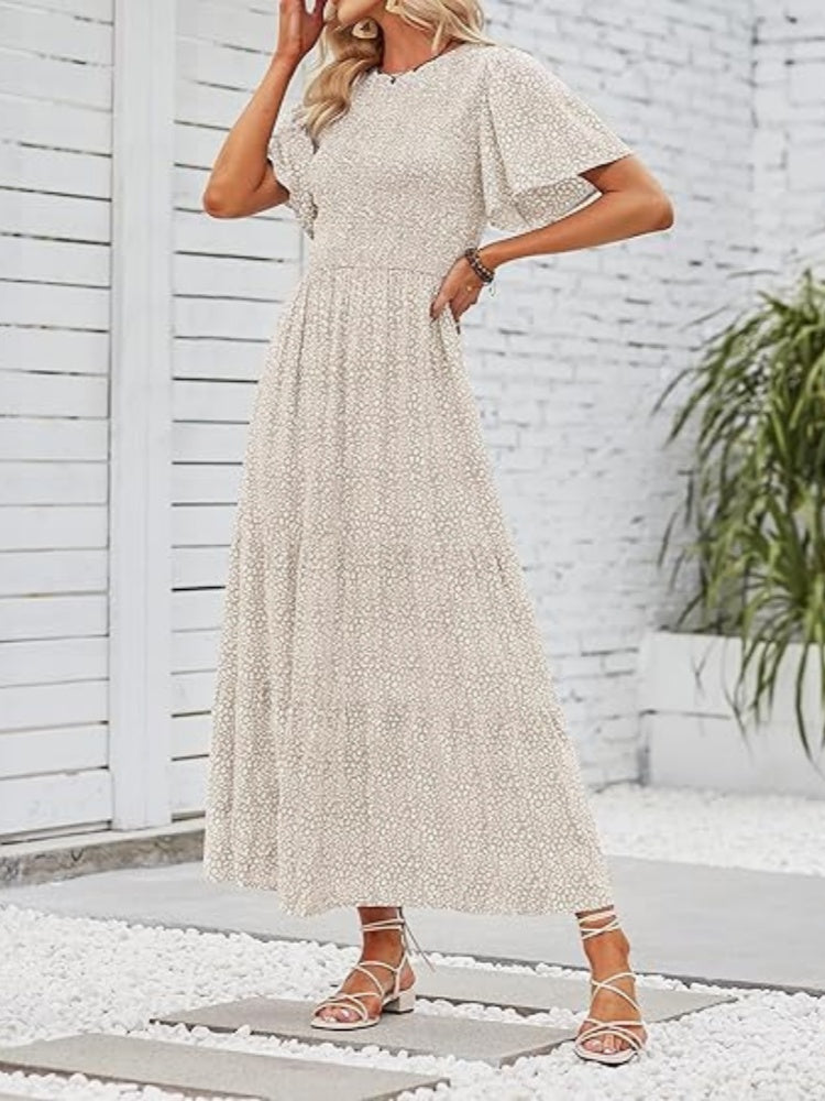 Floral Print Flutter Sleeve Tiered Maxi Dress
