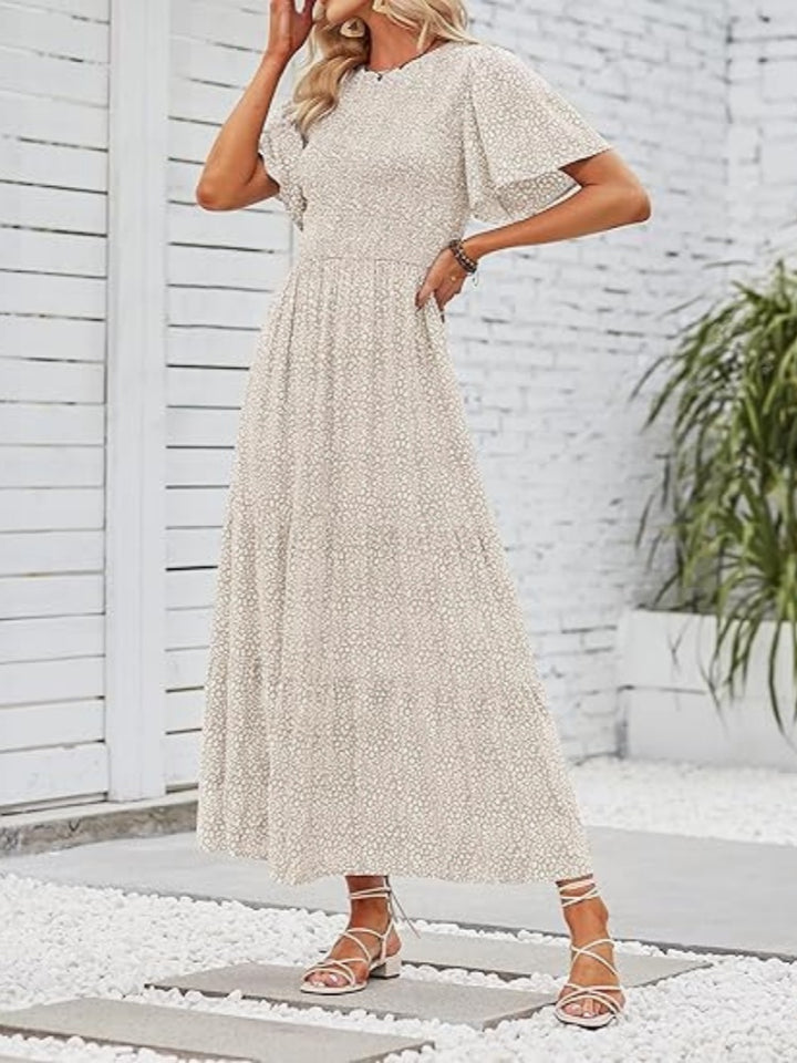 Floral Print Flutter Sleeve Tiered Maxi Dress