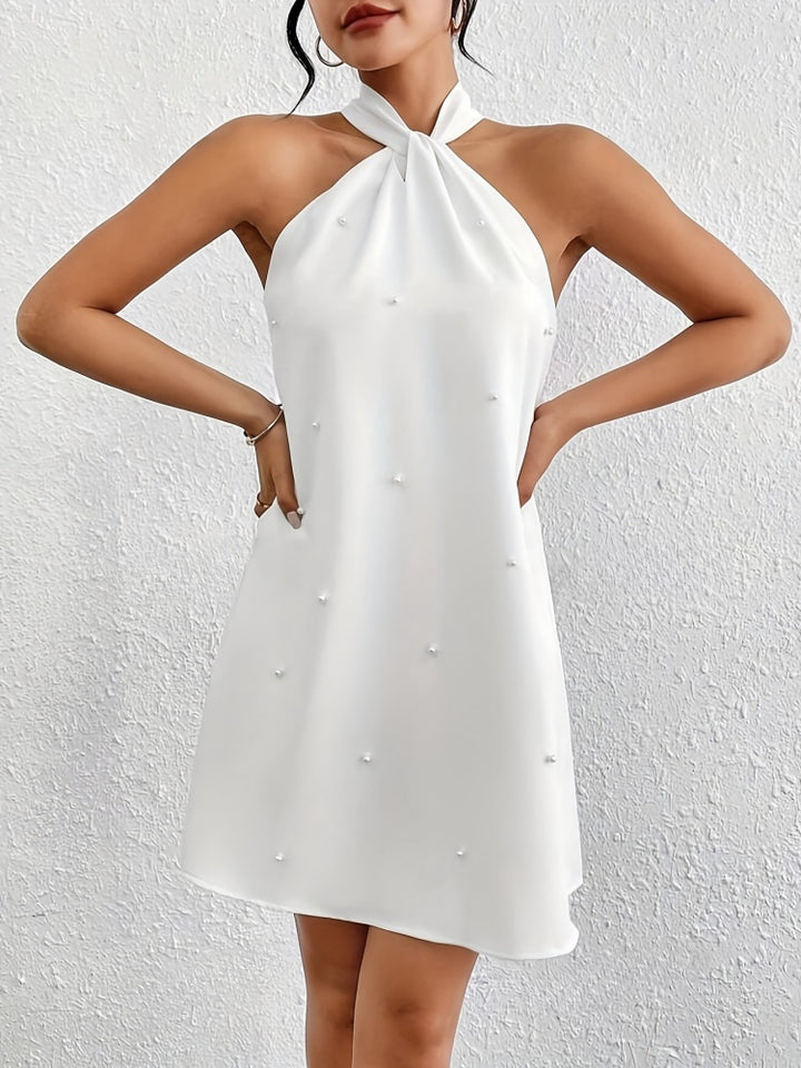 Pearl Embellished Halter Neck Mini Dress