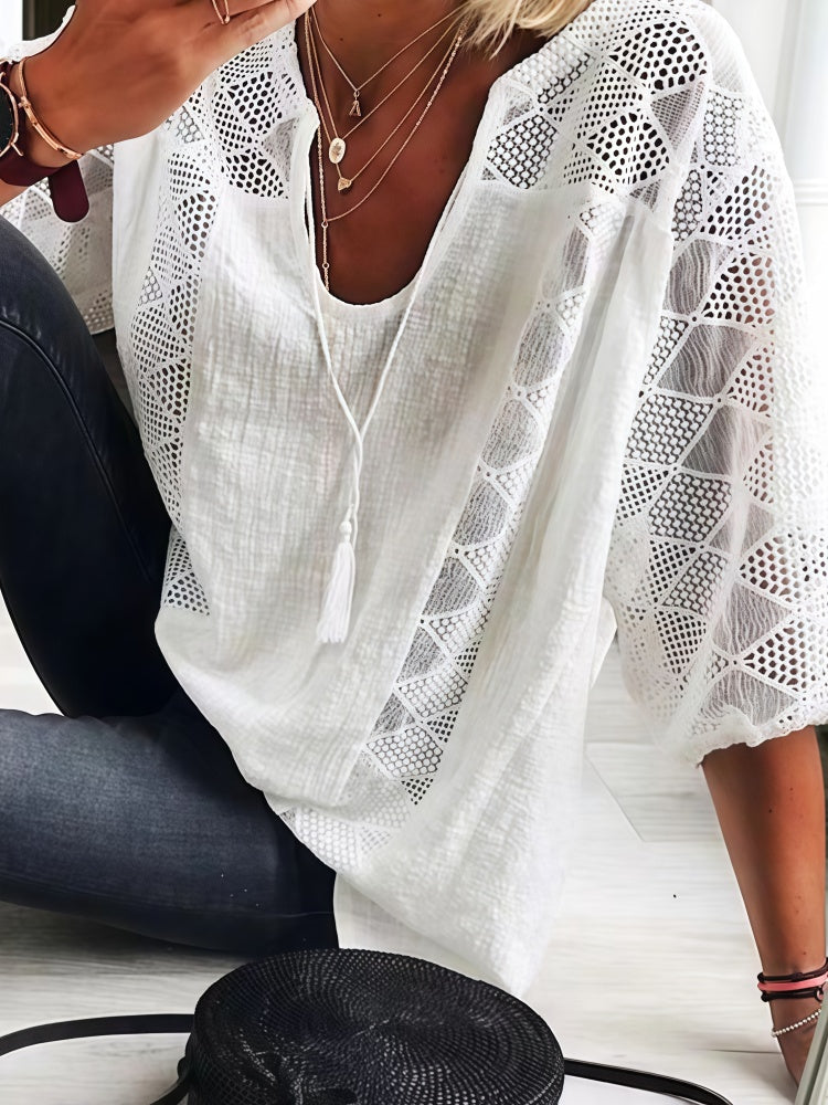 U-Neck Tassel Tie Hollow Lace Patch Blouse