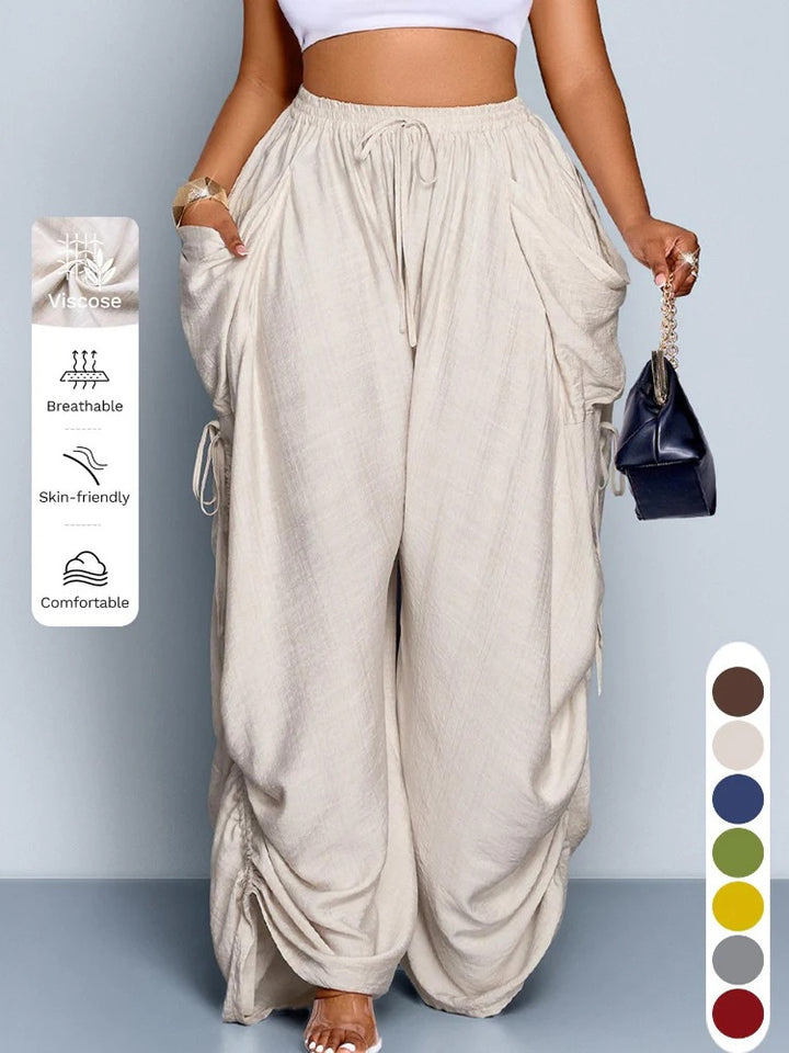 Plus Size Drawstring Ruched Wide Leg Cargo Pants with Pockets