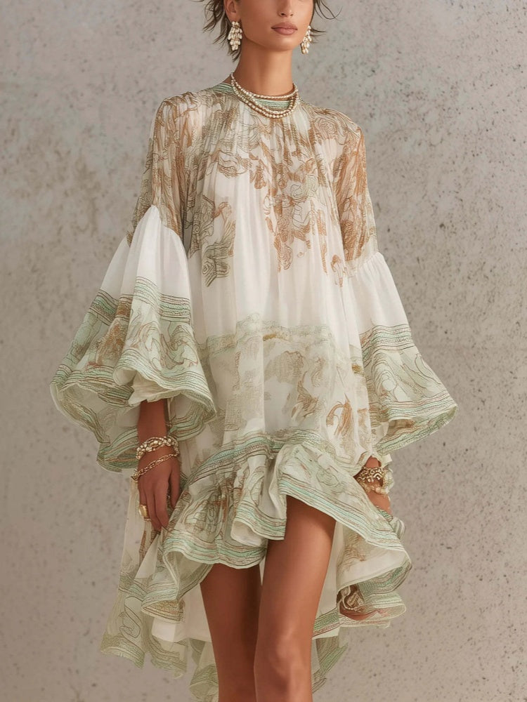 Printed Bell Sleeve Ruffle Hem Mini Dress