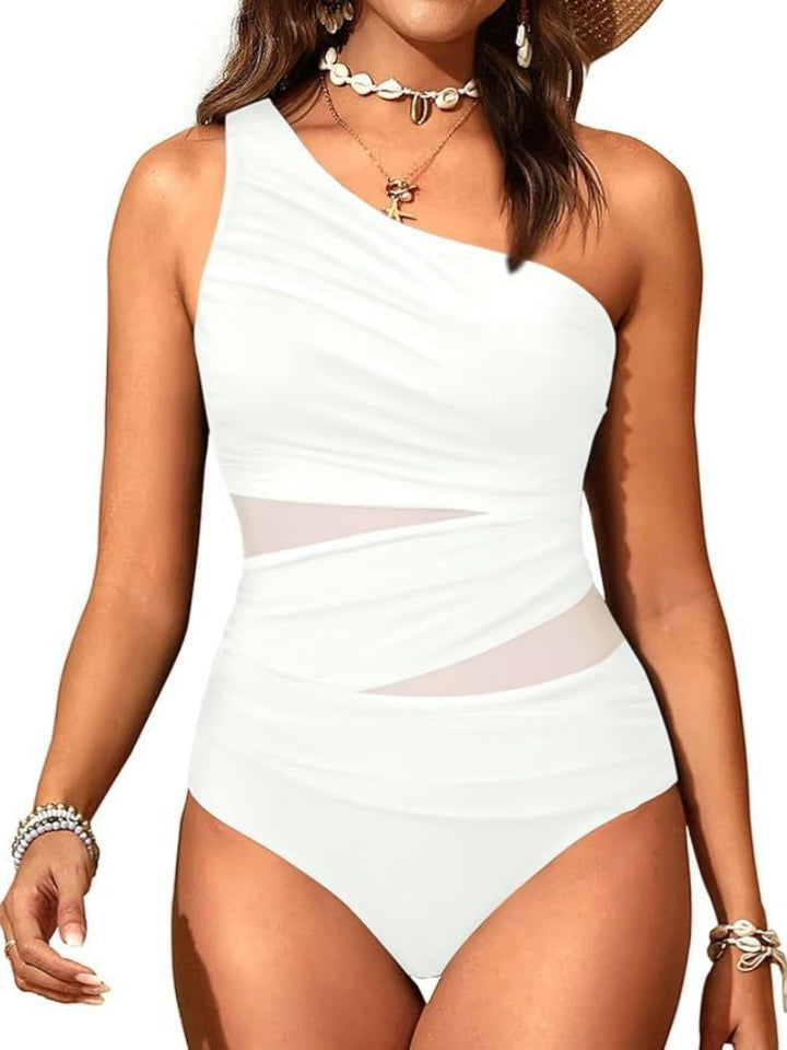 One Shoulder Mesh Ruched One Piece Swimsuit