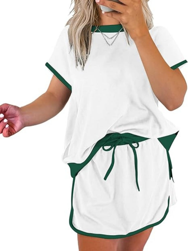 Contrast Trim Short Sleeve Top &amp; Mini Skirt Two-Piece Set