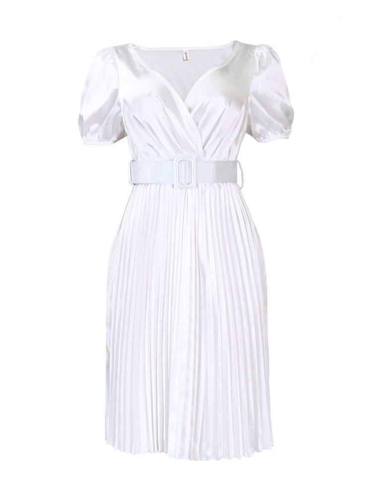 Satin V-Neck Puff Sleeve Pleated Mini Dress with Belt