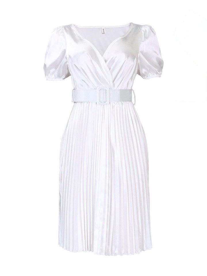 Satin V-Neck Puff Sleeve Pleated Mini Dress with Belt