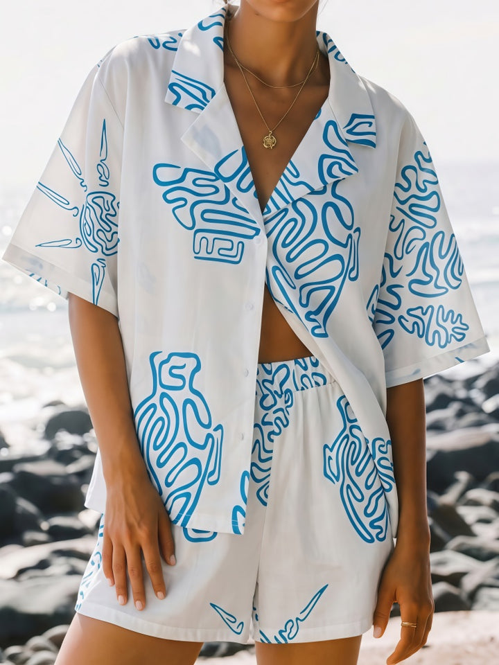 Print Button-Down Shirt &amp; Shorts Set