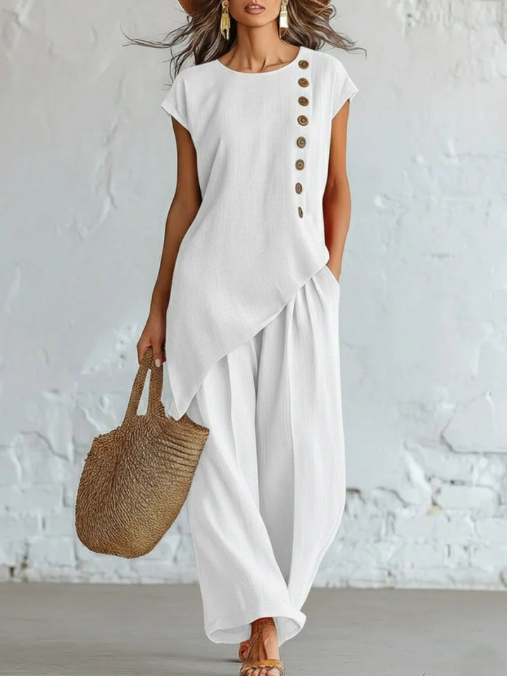 Asymmetrical Button Side Top &amp; Wide Leg Pants 2 Piece Linen Look Outfit Set