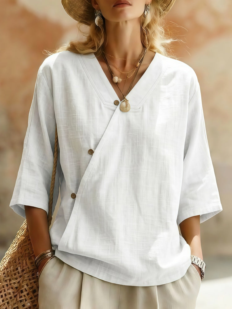 Asymmetric Button Linen Blend Blouse