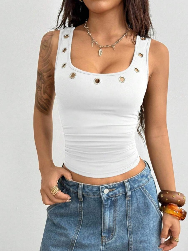 Eyelet Crop Tank Top - Square Neck Sleeveless Fitted Camisole