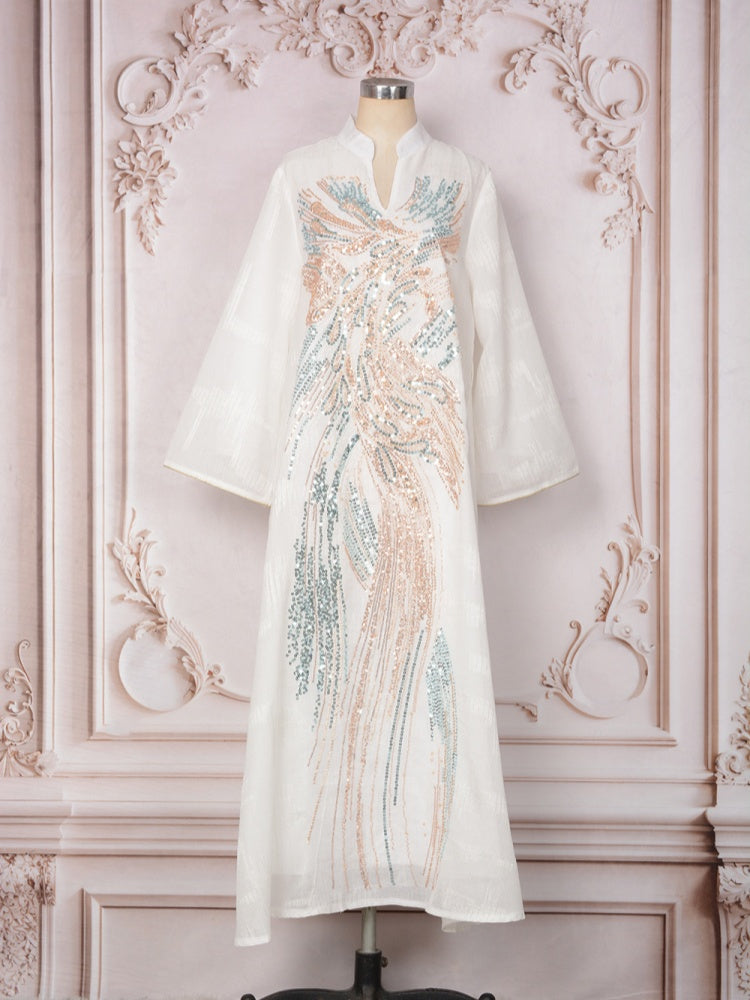 Sequin Embroidered Long Sleeve Abaya Dress