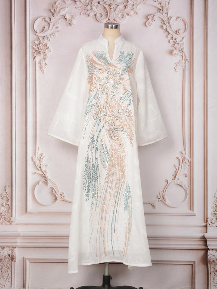 Sequin Embroidered Long Sleeve Abaya Dress