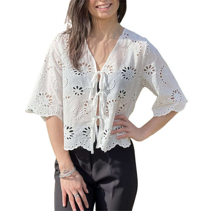 Eyelet Embroidery Tie-Front Crop Blouse