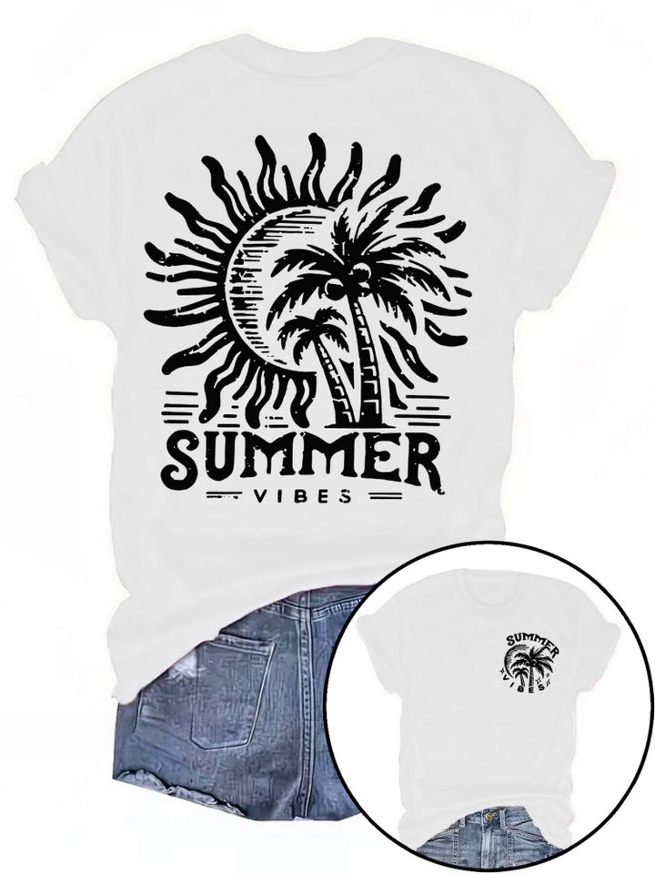 Summer Vibes Sun &amp; Palm Print V-Neck T-Shirt