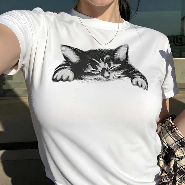 3D Cat Print Cotton Crew Neck T-Shirt - Casual Short Sleeve Tee