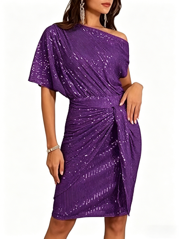Sequin One-Shoulder Wrap Midi Dress