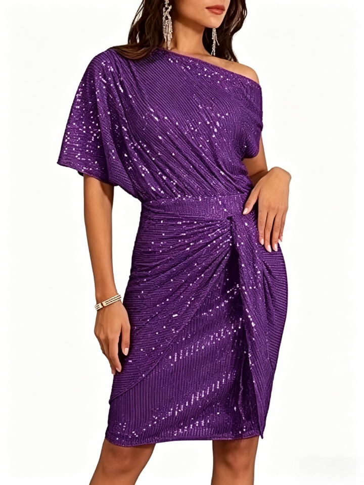 Sequin One-Shoulder Wrap Midi Dress