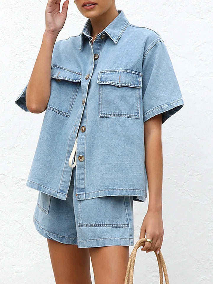 Denim Short Sleeve Shirt &amp; Elastic Waist Shorts Two-Piece Set